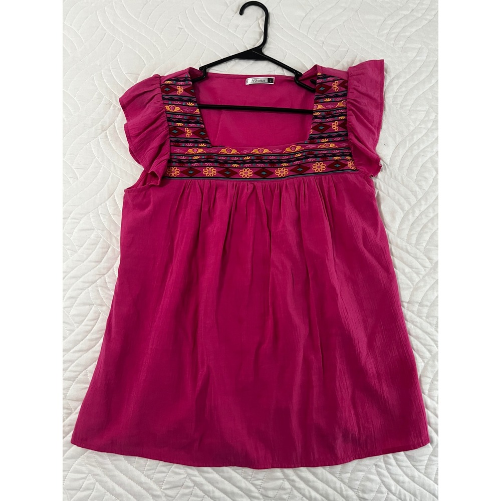 Dorose Pink Embroidered Square Neck Ruffle Cap Sleeve Boho Blouse Large